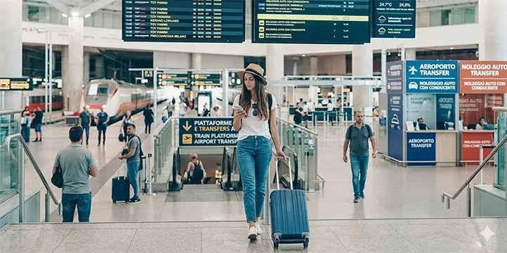 Young woman at the airport checking for her private transfer with Taxi Maiori to the Amalfi Coast.